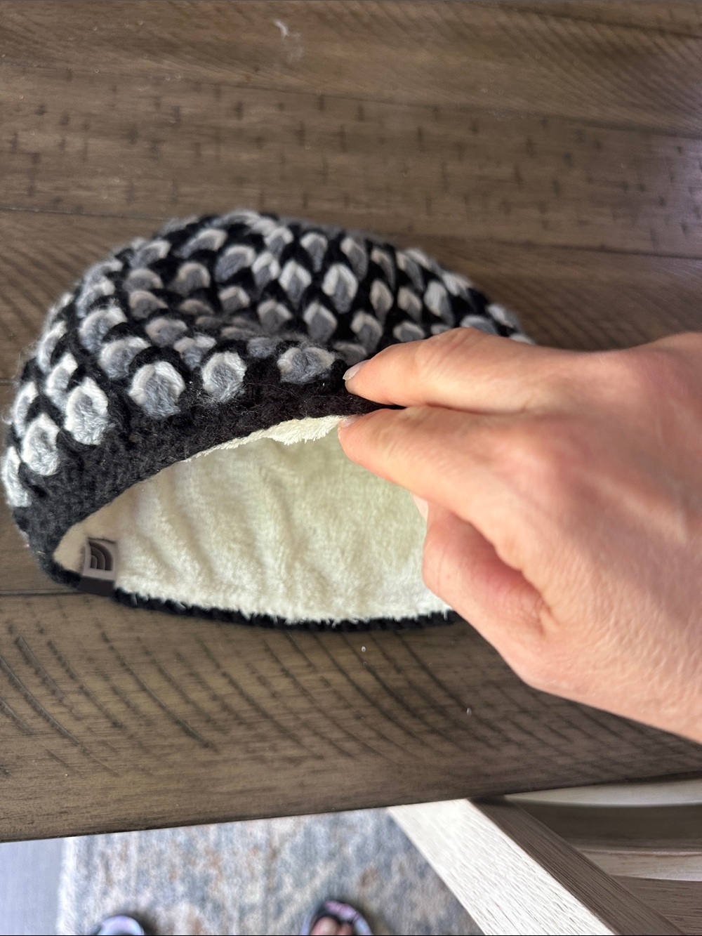 The North Face Black and White Knit Fleece Lined Beanie